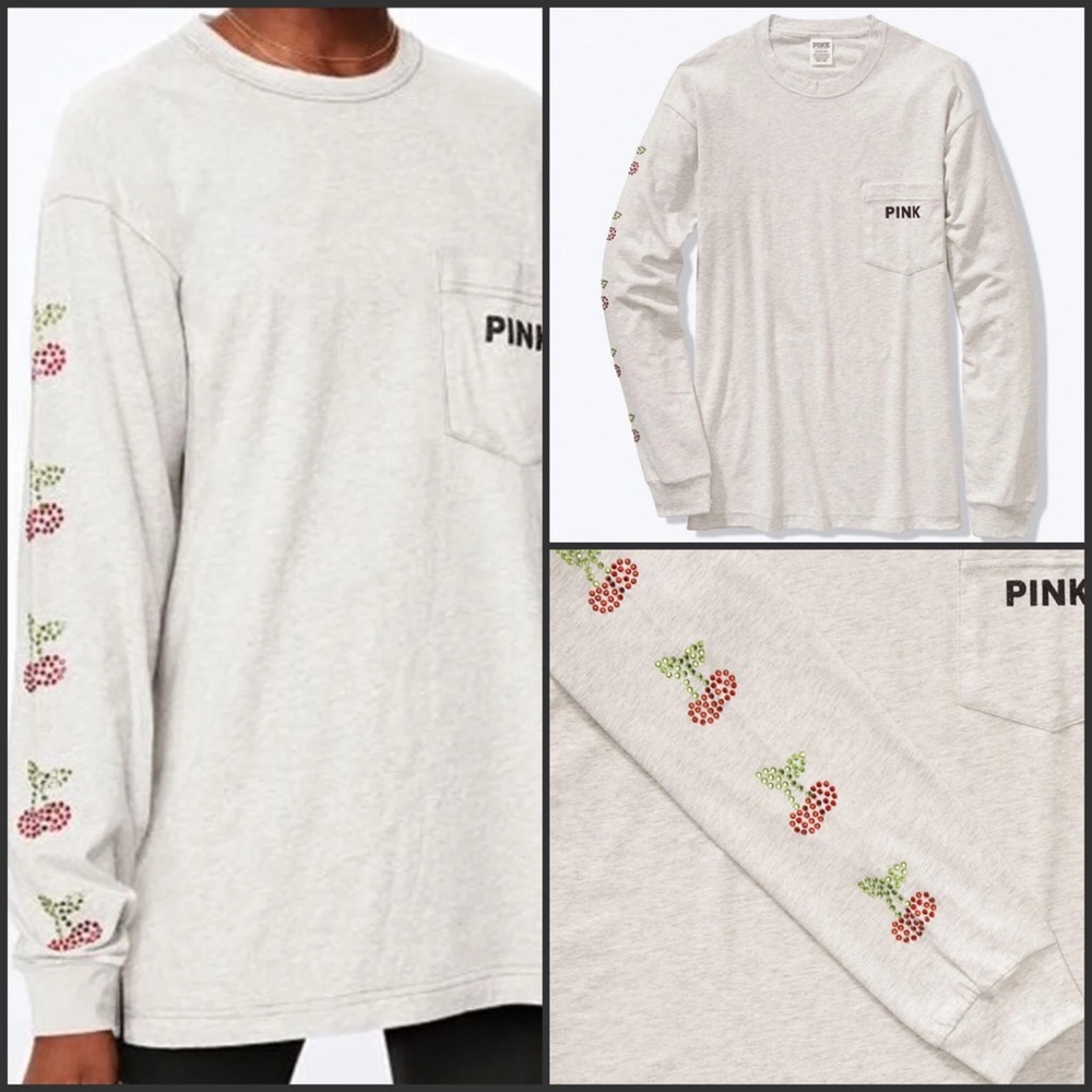 VS PINK 🍒CHERRY LS CAMPUS BLING TEE ~